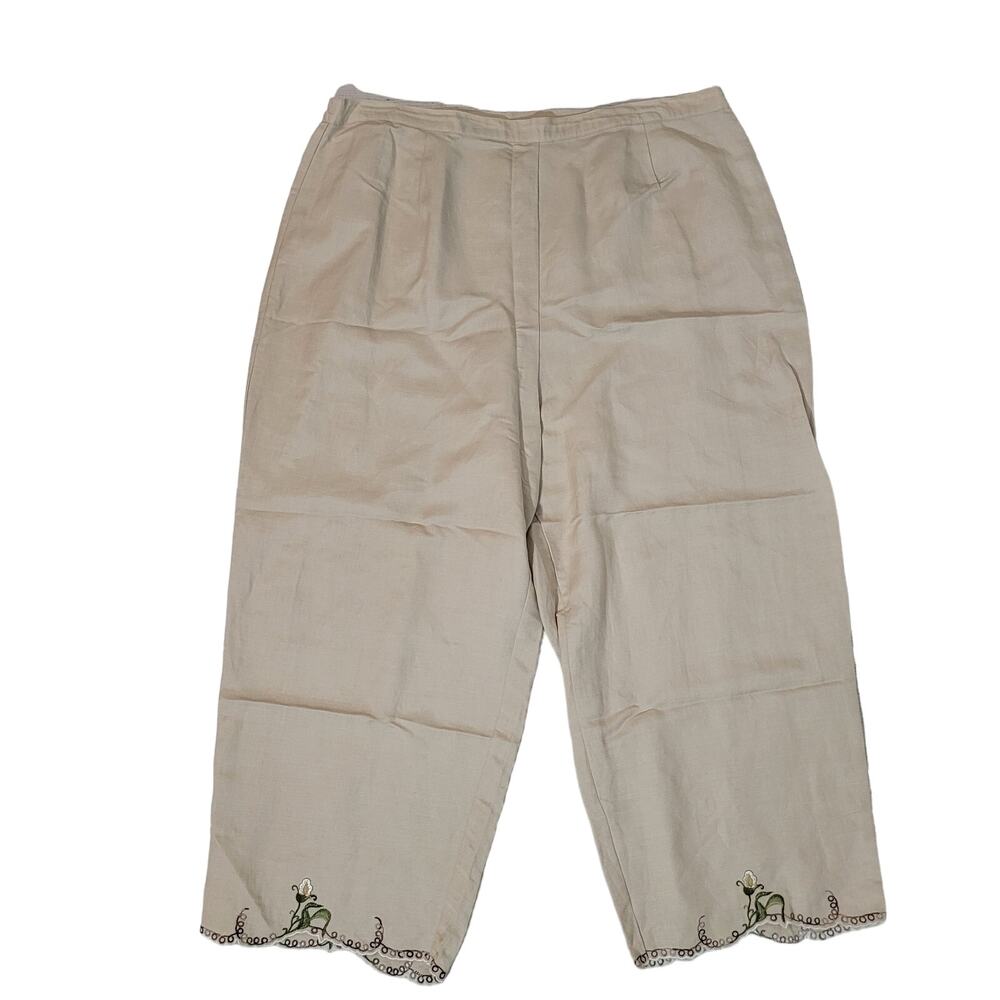 Joy &‎ Peace Size 16W	Linen Blend Light Khaki Floral Embroidered Hem Pants Crop